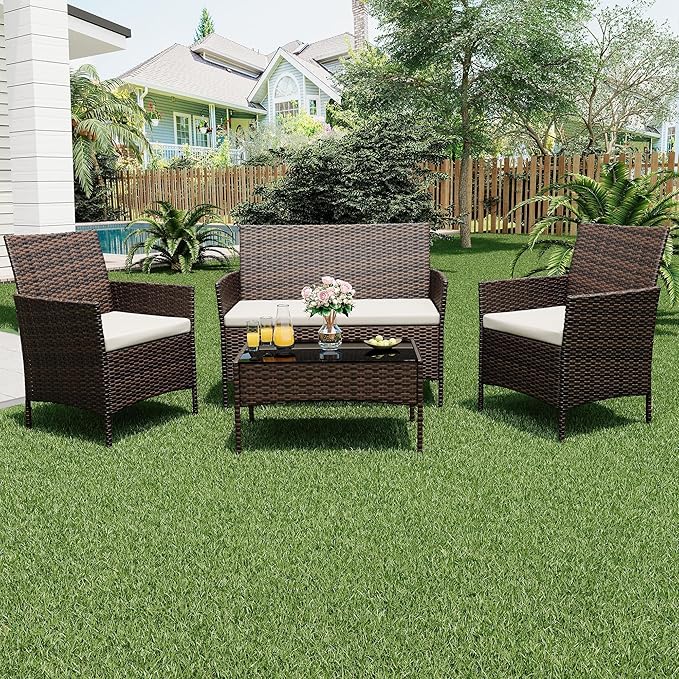 4-Piece Patio Furniture Set, Outdoor Wicker Conversation Set with Tempered Glass Coffee Table, Heavy Duty PE Rattan Sectional Sofa & Washable Cushions for Backyard, Deck, Poolside (Brown Rattan/Beige)