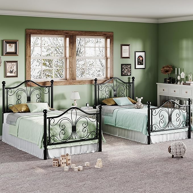 Allewie Twin Size Bed Frame for Kids,Metal Bed Frame with Butterfly Pattern Design Headboard and Footboard,No Box Spring Needed,Easy Assembly,Black