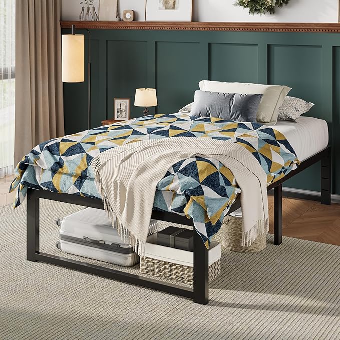 Allewie Twin Bed Frame, 14 Inch Metal Platform Bed Frame with 4000LBS Heavy Duty Steel Slats Support, Noise Free, Easy Assembly, No Box Spring Needed, Black