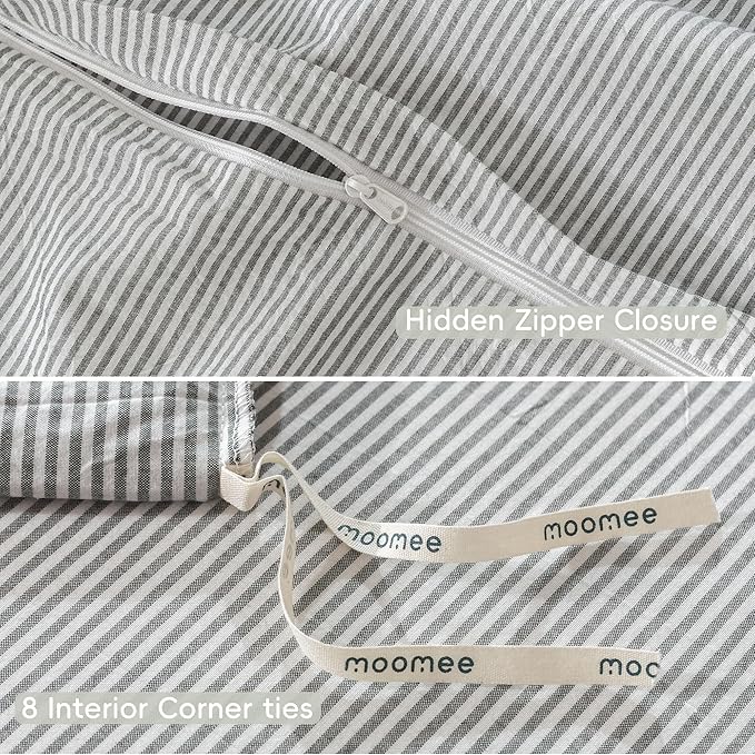 MooMee Striped Duvet Cover Set 100% Washed Cotton Linen Like Textured Breathable Durable Soft Comfy (Dark Grey White Pinstripes, King 104"x90")