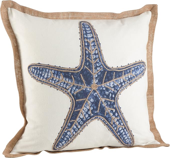 SARO LIFESTYLE Neptunian Coastal Throw Pillow – 20” x 20”, Woven Cotton Cover with Jute Trim, Zipper Closure, Down & Feather Insert – Starfish, Navy Blue