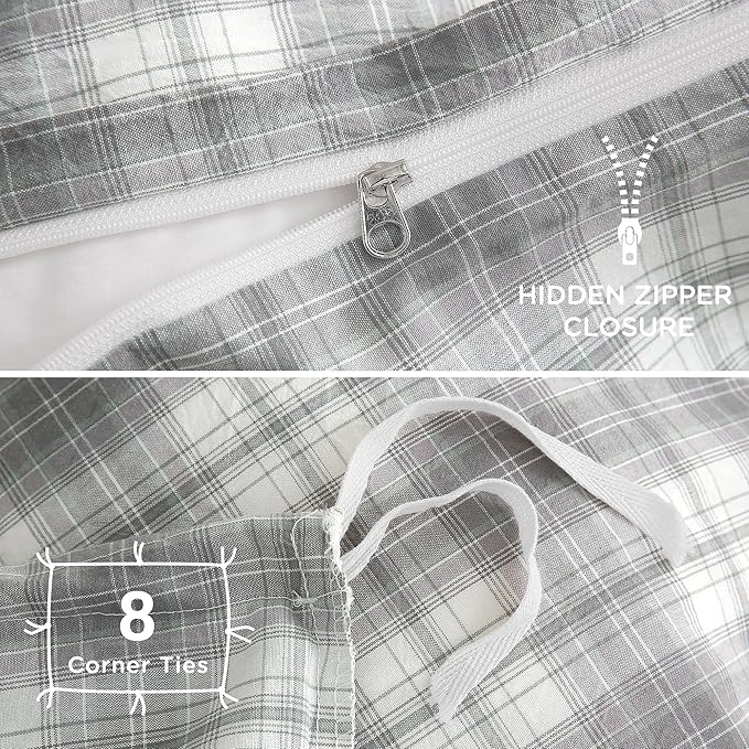 TOCOMOA Plaid Duvet Cover Set 100% Washed Cotton Like Linen Feel Super Soft Comfy 3 Piece Grey and Green Gingham Checkered Bedding Comforter Cover Set (Queen 90"x90", Comforter Not Included)
