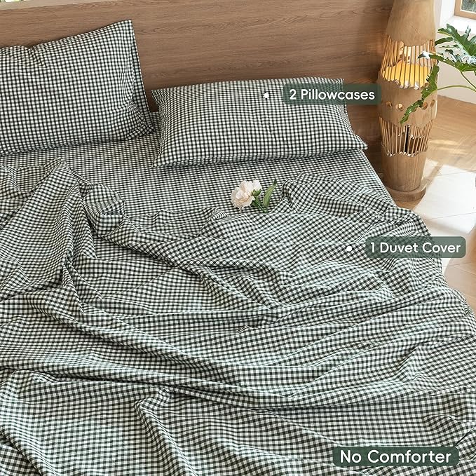 MooMee Gingham Duvet Cover Set 100% Washed Cotton Linen Like Textured Breathable Durable Soft Comfy Modern Checkered Design (Mini Gingham Forest Green, Cal King 104"x98")