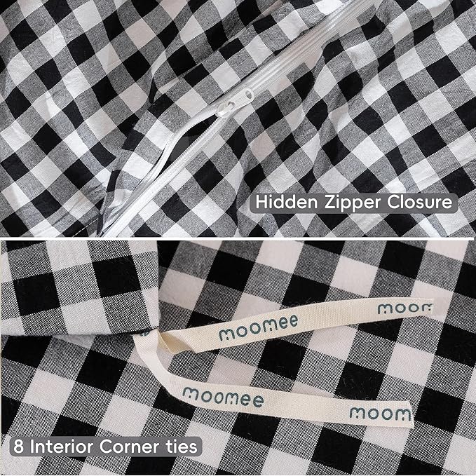 MooMee Gingham Duvet Cover Set 100% Washed Cotton Linen Like Textured Breathable Durable Soft Comfy Modern Checkered Design (Black White Gingham, Twin 68"x90")