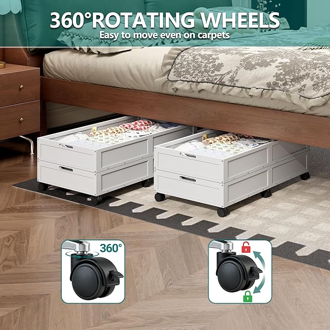 WISUCART Wood Under Bed Storage Containers Underbed Organizer with Wheels Sturdy Wood Rolling Under Bed Shoe Storage Organizer 2 Packs (White, Large)