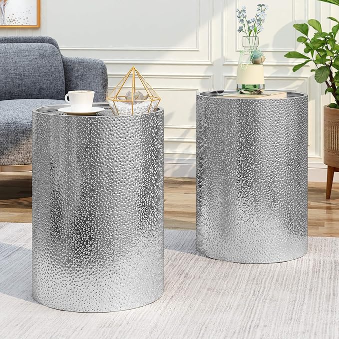 Christopher Knight Home Kaylee Modern Round Hammered Iron Accent Table (2 Pack) -Silver 16 in x 16 in x 22.25 in