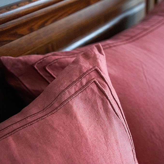 Simple&Opulence 100% French Linen Euro Shams with Embroidery (26'' x 26'') - Pack of 2 - Pre Washed Solid Color Natural Flax Soft Breathable - Coral Red
