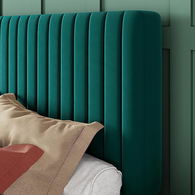 Allewie Full Bed Frame, Velvet Upholstered Platform Bed with Adjustable Vertical Channel Tufted Headboard, Mattress Foundation with Strong Wooden Slats, Box Spring Optional, Easy Assembly, Teal