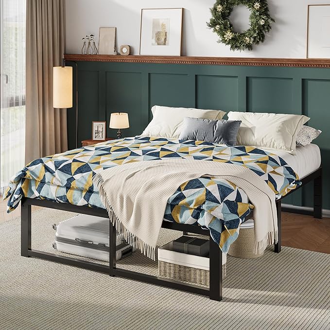 Allewie Full Size Bed Frame, 14 Inch Metal Platform Bed Frame with 4000LBS Heavy Duty Steel Slats Support, Noise Free, Easy Assembly, No Box Spring Needed, Black