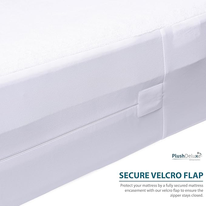 PlushDeluxe Full Size Premium Mattress Encasement - Zippered Waterproof, Bedbug Proof Design, 6-Sided Protection - Hypoallergenic Cotton Terry Fabric 12-15" Depth