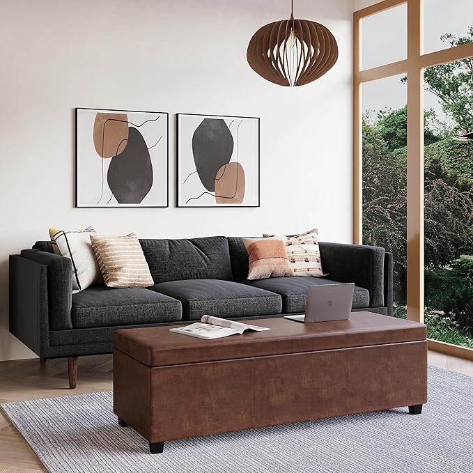 SIMPLIHOME Avalon Extra Large Storage Ottoman Bench - 54 inch Wide Upholstered Vegan Leather Rectangular Lift-Top Ottoman in Distressed Saddle Brown, Contemporary Bench for Living Room with Storage