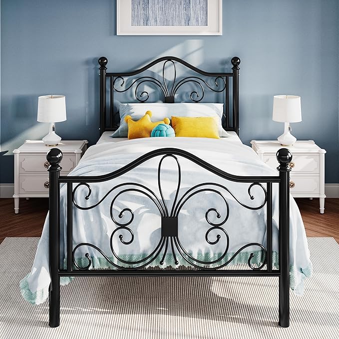 SHA CERLIN Twin Size Bed Frame for Kids,Metal Bed Frame with Butterfly Pattern Design Headboard and Footboard,No Box Spring Needed,Easy Assembly,Black