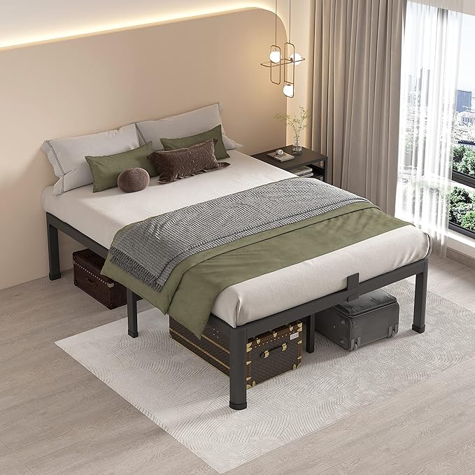 MAF 16 Inch Full Size Bed Frame with Round Corner Legs Mattress Slide Stopper No Box Spring Needed Heavy Duty Metal Platform Bed Frames Under-Bed Storage Space, 3000 LBS Steel Slats Support