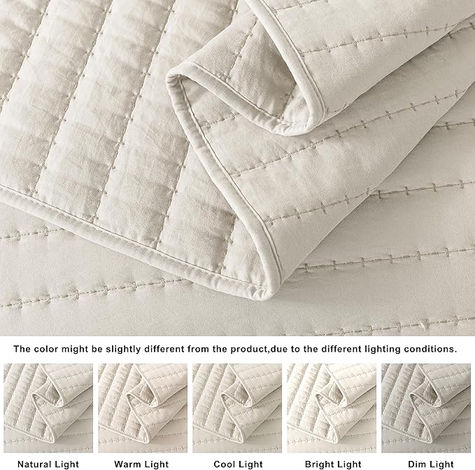 ROARINGWILD Ivory Queen Size Quilt Bedding Sets with 2 Pillow Shams, Full Lightweight Soft Bedspread Coverlet, Quilted Blanket Thin Comforter Bed Cover for All Season, 3 Pieces, 90x90 inches