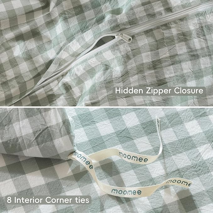 MooMee Gingham Duvet Cover Set 100% Washed Cotton Linen Like Textured Breathable Durable Soft Comfy Modern Checkered Design (Sage Green Gingham, Full 80"x90")
