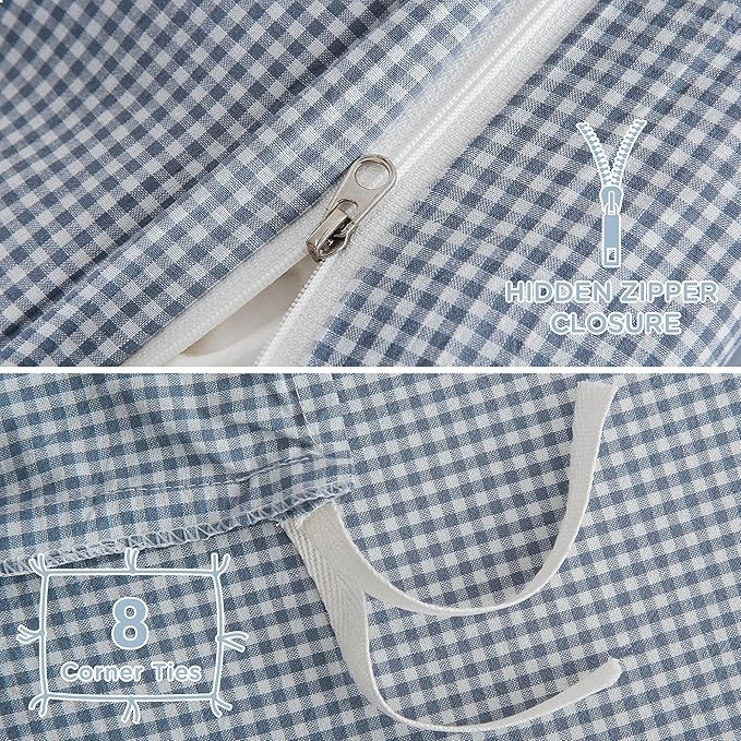 TOCOMOA Mini Gingham Blue Duvet Cover Bedding Set 100% Washed Cotton Like Linen Feel Super Soft Comfortable 3 Piece Small Plaid Checkered Comforter Cover Set (King 104"x90", Comforter Not Included)