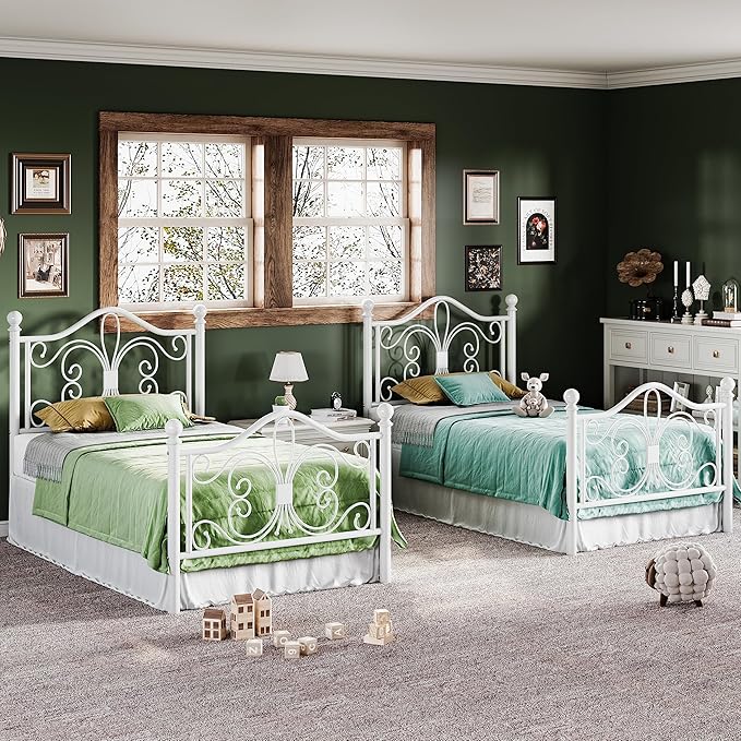 Allewie Twin Size Bed Frame for Kids,Metal Bed Frame with Butterfly Pattern Design Headboard and Footboard,No Box Spring Needed,Easy Assembly,White