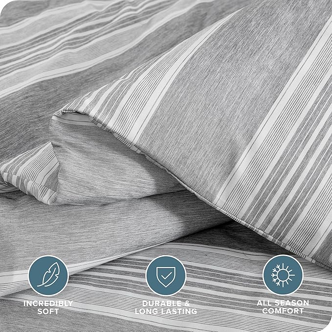 Bare Home Bedding Duvet Cover Queen Size - Premium 1800 Super Soft Collection - Lightweight, Duvet Cover - Soft Textured Bedding (Queen, Stripe - Heathered Charcoal)