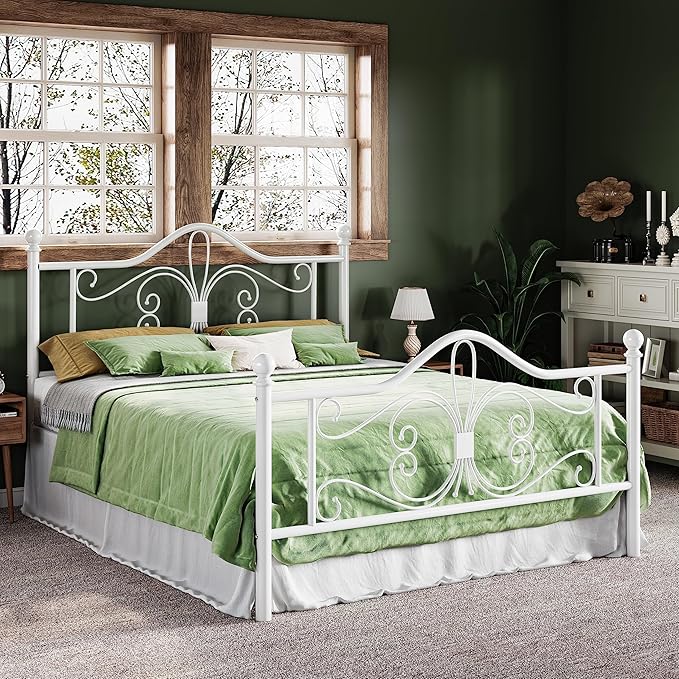 Allewie Queen Size Bed Frame with Headboard,Metal Bed Frame with Butterfly Pattern Design Headboard & Footboard,No Box Spring Needed,Easy Assembly,White