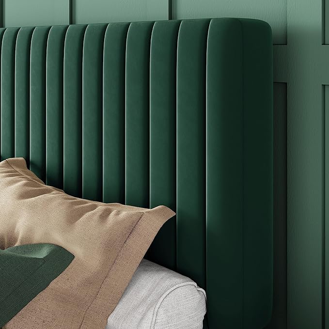 Allewie King Bed Frame, Velvet Upholstered Platform Bed with Adjustable Vertical Channel Tufted Headboard, Mattress Foundation with Strong Wooden Slats, Box Spring Optional, Easy Assembly, Green