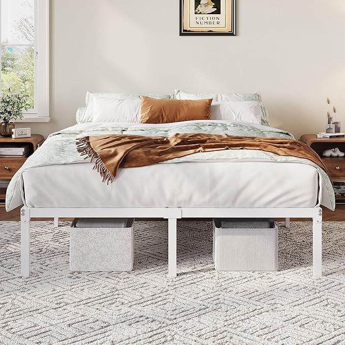 Allewie Queen Bed Frame, 12 Inch Metal Platform Beds with Storage Space, No Box Spring Required and Easy Assembly, White