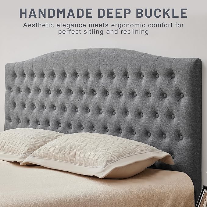 Tufted Upholstered Tall Headboard King Size, Sturdy and Durable Solid Wood Bed headboards, Comfortable Linen Fabric King Headboard Only, Modern Luxury Button Diamond Design Head Board, Grey
