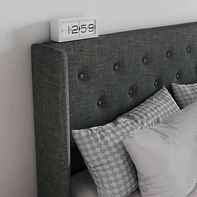 SHA CERLIN Full Size Lift Up Storage Bed Frame,Button Tufted Wingback Headboard,Upholstered Platform,Hydraulic Storage,Wooden Slat Support,No Box Spring,Dark Grey