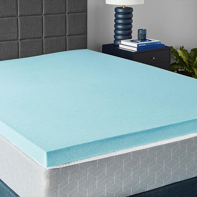 Amazon Basics Cooling Gel-Infused Alternative Latex Queen Mattress Topper, CertiPUR-US Certified, 3 Inches, Blue