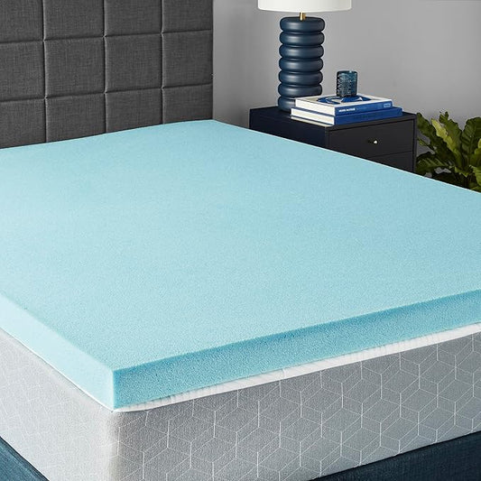 Amazon Basics Cooling Gel-Infused Alternative Latex Queen Mattress Topper, CertiPUR-US Certified, 3 Inches, Blue