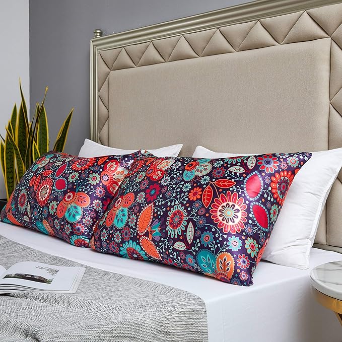 MR&HM Satin Pillowcase for Hair and Skin, Silk Satin Pillowcase 2 Pack, Standard Size Pillow Cases Set of 2, Silky Pillow Cover with Envelope Closure (20x26, Boho Floral)