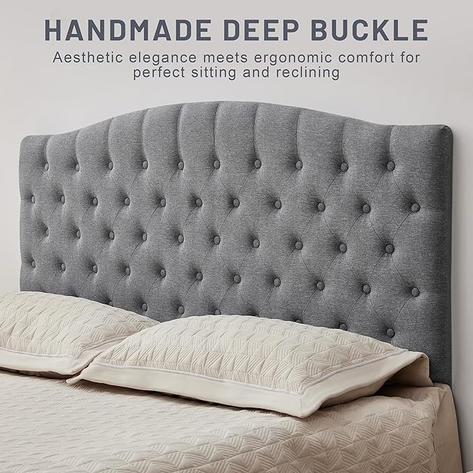 Tufted Upholstered Tall Headboard Queen Size, Sturdy and Durable Solid Wood Bed headboards, Comfortable Linen Fabric Queen Headboard Only, Modern Luxury Button Diamond Design Head Board, Grey