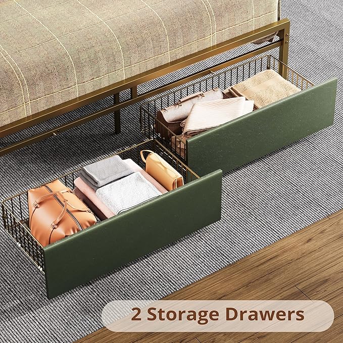 LIKIMIO Queen Bed Frame, Storage Headboard with Charging Station, Platform Bed with Drawers, No Box Spring Needed, Easy Assembly, Dark Green