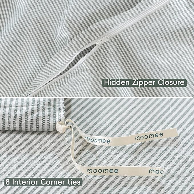 MooMee Striped Duvet Cover Set 100% Washed Cotton Linen Like Textured Breathable Durable Soft Comfy (Heathered Green Pinstripes, Full 80"x90")