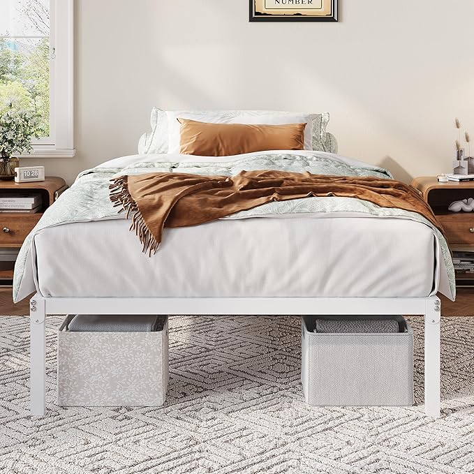 Allewie Twin Bed Frame, 12 Inch Metal Platform Beds with Storage Space, No Box Spring Required and Easy Assembly, White