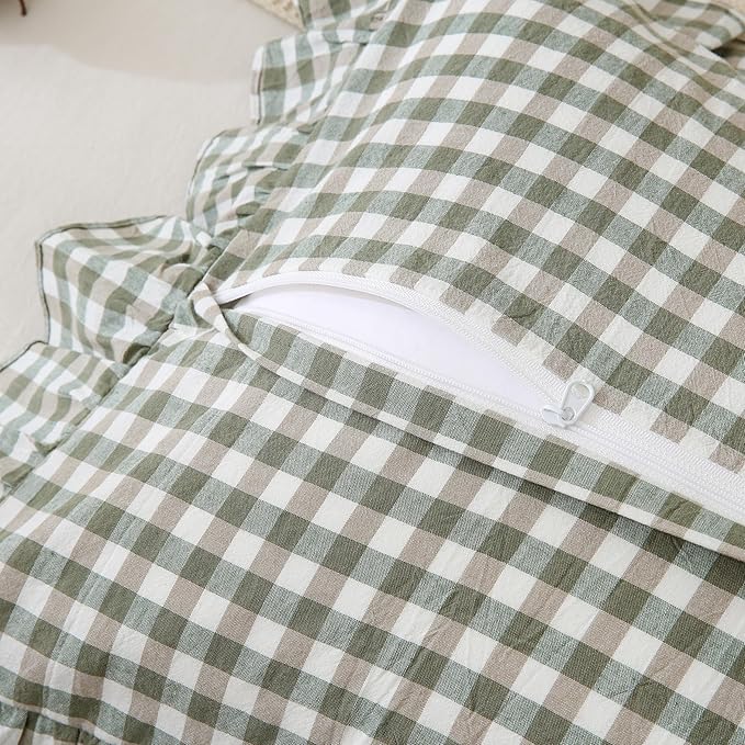 Green/White Plaid Ruffled Body Pillow Sham Washed Cotton Shabby Checkered Gingham Pillow Cover 20"x54"