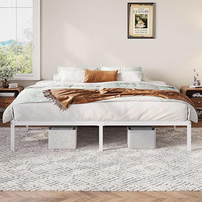 Allewie King Size Bed Frame, 12 Inch Metal Platform Beds with Storage Space, No Box Spring Required and Easy Assembly, White