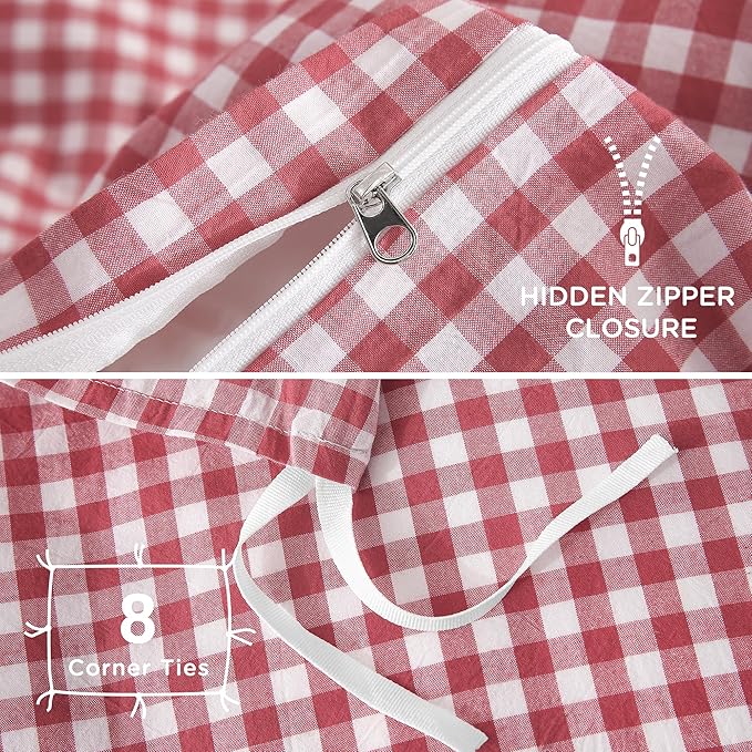 TOCOMOA Red Gingham Duvet Cover Bedding Set 100% Washed Cotton Like Linen Feel Super Soft Comfortable 3 Piece Cute Plaid Checkered Comforter Cover Set (Queen 90"x90", Comforter Not Included)