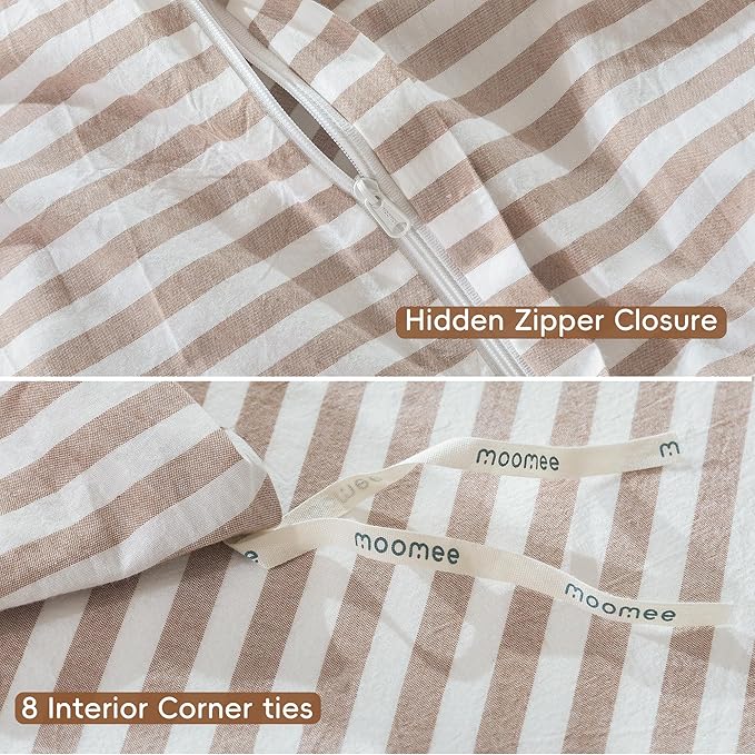 MooMee Striped Duvet Cover Set 100% Washed Cotton Linen Like Textured Breathable Durable Soft Comfy (Orange Classic Stripes, Super King 108"x98")