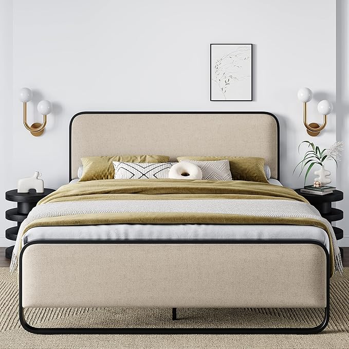 Allewie Queen Size Metal Bed Frame with Curved Upholstered Headboard and Footboard, Platform Bed Frame with 12.4'' Under Bed Storage, No Box Spring Needed, Vintage, Beige