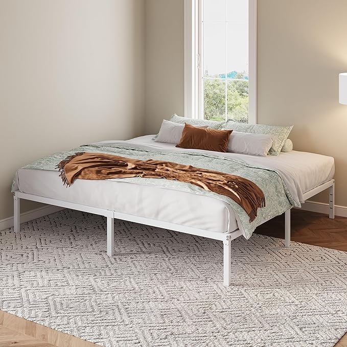 Allewie King Size Bed Frame, 12 Inch Metal Platform Beds with Storage Space, No Box Spring Required and Easy Assembly, White