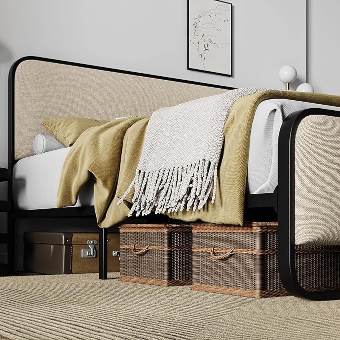 Allewie Full Size Metal Bed Frame with Curved Upholstered Headboard and Footboard, Platform Bed Frame with 12.4'' Under Bed Storage, No Box Spring Needed, Vintage, Beige