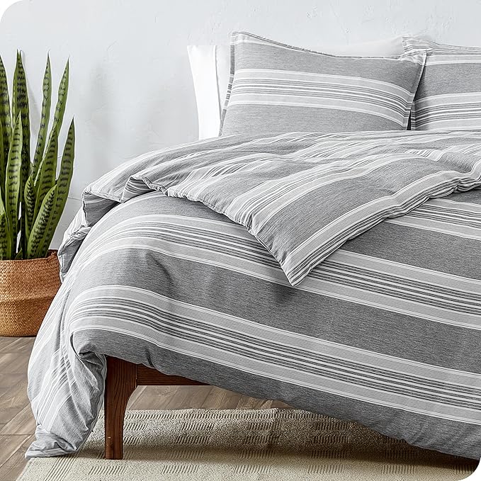 Bare Home Bedding Duvet Cover Queen Size - Premium 1800 Super Soft Collection - Lightweight, Duvet Cover - Soft Textured Bedding (Queen, Stripe - Heathered Charcoal)