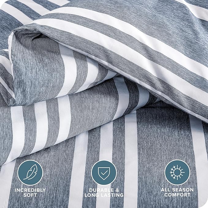 Bare Home Bedding Duvet Cover Queen Size - Premium 1800 Super Soft Collection - Lightweight, Cooling, Soft Breathable Duvet Cover (Queen, Stripe - Heathered Midnight Blue)